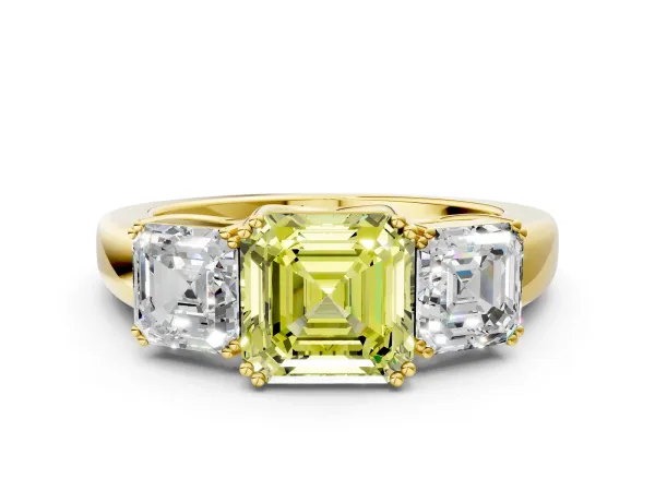 Fancy Yellow Three-Stone Asscher Cut Cut Diamond Ring with Channel Set Band and Four-Prong Setting Yellow gold