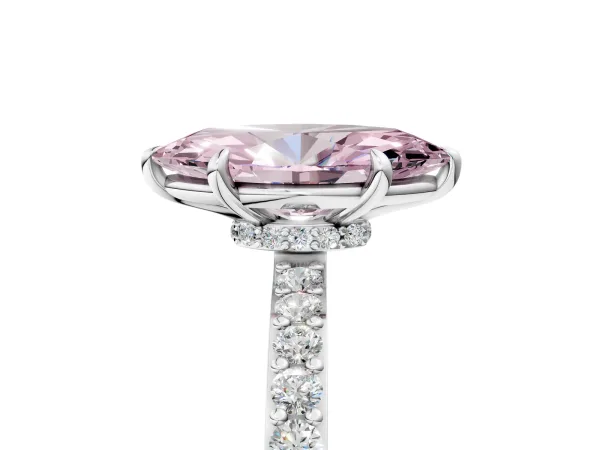 Fancy Pink Marquise Cut Diamond Solitaire Engagement Ring with Pavé Band and Four-Prong Setting Silver
