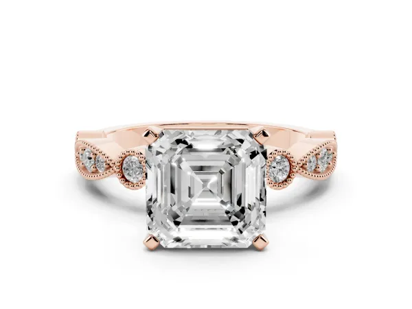 Asscher Cut Milgrain Bezel Diamond Engagement Ring with Solitaire Prong Setting Rose gold
