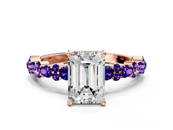Emerald Cut Diamond Side Stone Solitaire Ring with Round Tanzanite and Four-Prong Setting Rose gold
