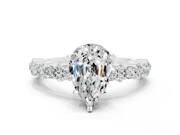 Pear Cut Moissanite Side Stone Solitaire Ring with Round and Four-Prong Setting White gold
