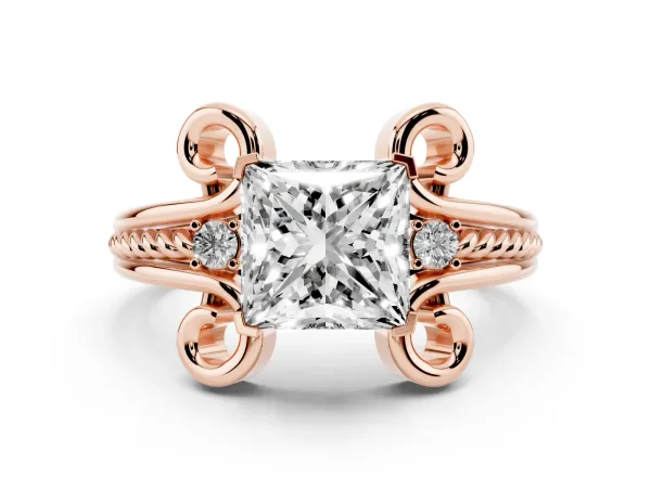 Princess Cut Solitaire Twisted Band Scroll Prong Ring Rose gold