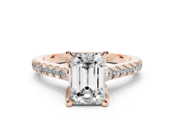 Emerald Cut Brilliant Diamond Solitaire with Pavé Band and Four-Prong Setting Rose gold