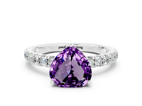 Heart Cut Amethyst Pave Band Solitaire Ring with Round and Prong Setting Platinum