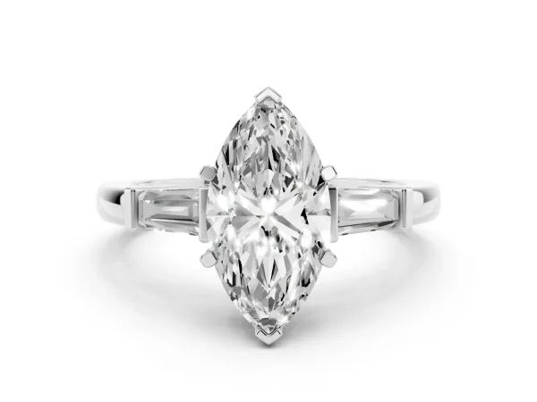 Marquise Cut Cut Diamond Solitaire Ring with Tapered Baguette Accents and Four-Prong Setting Platinum