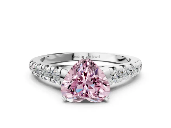 Fancy Pink Heart Cut Diamond Cathedral Solitaire Ring with Round Pavé Band Platinum