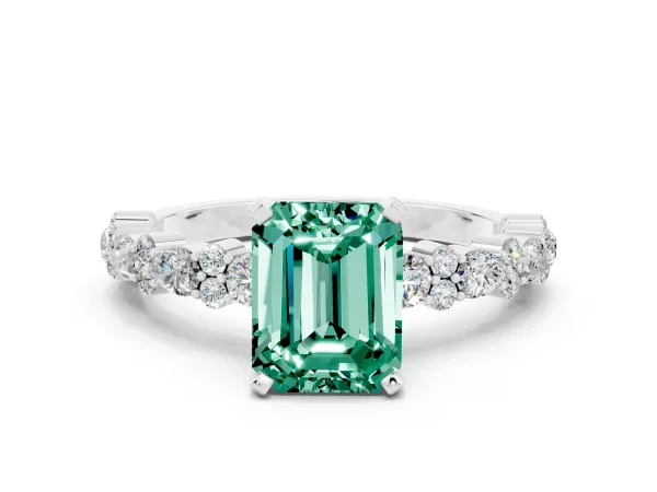 Emerald Cut Green Sapphire Side Stone Solitaire Ring with Round and Four-Prong Setting White gold