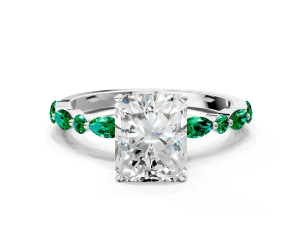 Radiant Cut Diamond Ring with Marquise and Round Emerald Side Stones and Four-Prong Setting Platinum