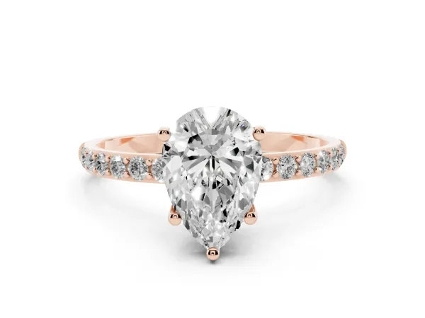 Pear Cut Diamond Solitaire Ring with Round Pavé Shoulders and Prong Setting Rose gold