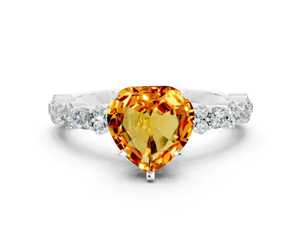 Heart Cut Citrine Side Stone Solitaire Ring with Round and Four-Prong Setting Platinum