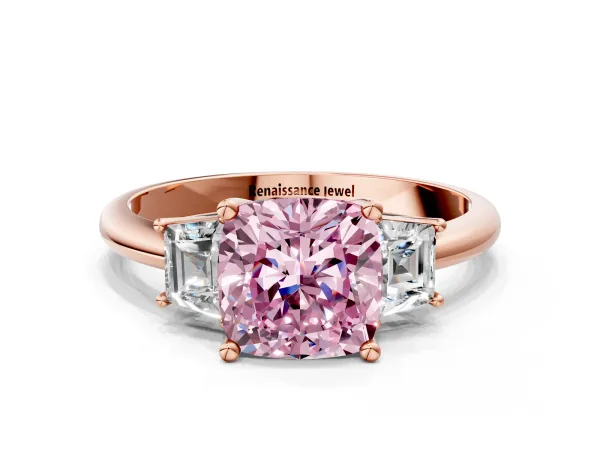 Fancy Pink Cushion Cut Diamond Three-Stone Ring with Trapezoid Side Stones and Prong Setting Rose gold
