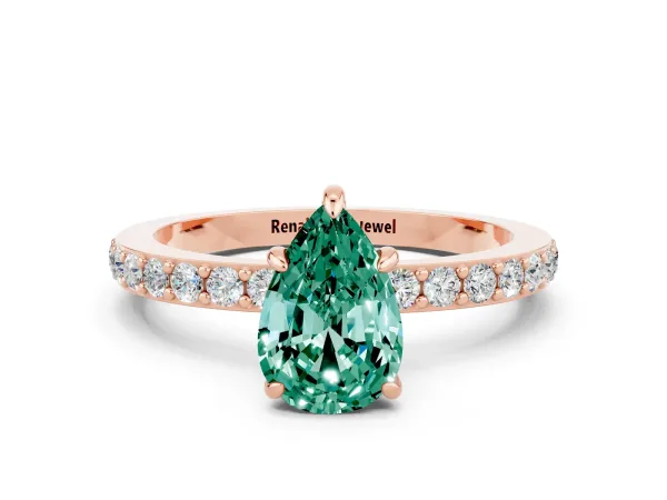 Pear Cut Green Sapphire Solitaire Engagement Ring with Pavé Band and Four-Prong Setting Rose gold
