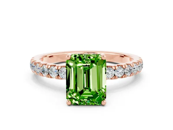 Emerald Cut Peridot Pave Band Solitaire Ring with Round and Prong Setting Rose gold