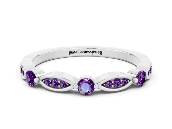 Marquise and Round Amethyst Milgrain Band with Bezel Setting Platinum