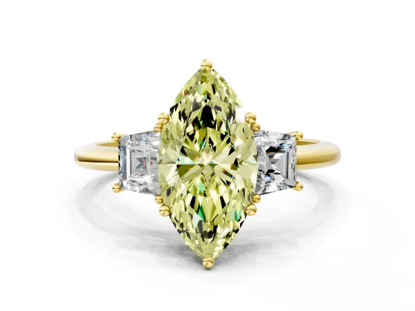 Fancy Yellow Marquise Cut Diamond Three-Stone Ring with Trapezoid Side Stones and Prong Setting Yellow gold