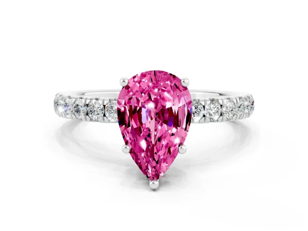 Pear Cut Pink Sapphire Pave Band Solitaire Ring with Round and Prong Setting White gold