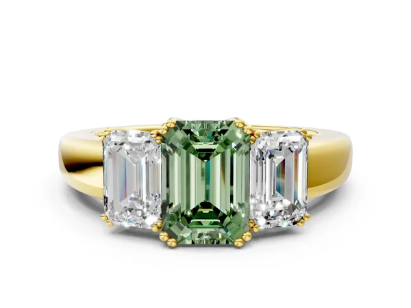 Fancy Green Three-Stone Emerald Cut Cut Diamond Ring with Channel Set Band and Four-Prong Setting Yellow gold