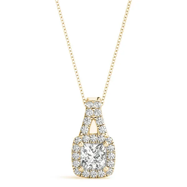Cushion Halo Diamond Pendant with Princess Cut Stone and Four-Prong Setting Yellow gold