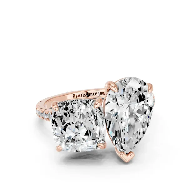 Pear and Cushion Toi Moi Ring with Prong Setting and Pave Band Rose gold