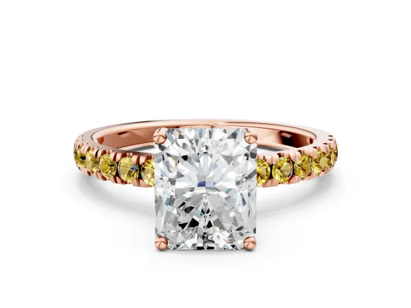 Radiant Cut Diamond Pave Band Solitaire Ring with Round Yellow Sapphire and Prong Setting Rose gold