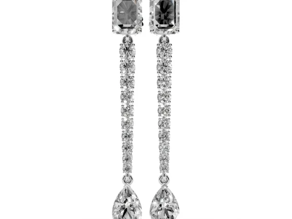 Emerald and Pear Diamond Linear Earrings with Round Lab Grown Diamond Accents White gold