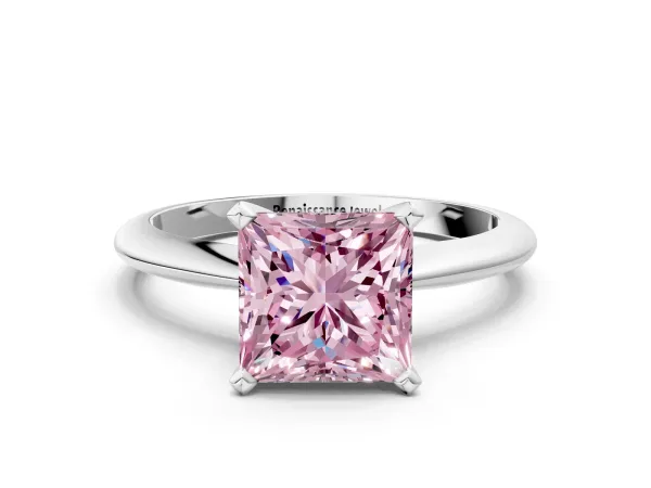 Fancy Pink Princess Cut Diamond Solitaire Engagement Ring with Classic Band and Four-Prong Setting Silver