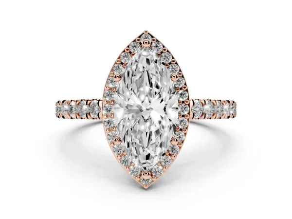 Marquise Cut Cut Halo Diamond Engagement Ring with Pave Band and Four-Prong Setting Rose gold