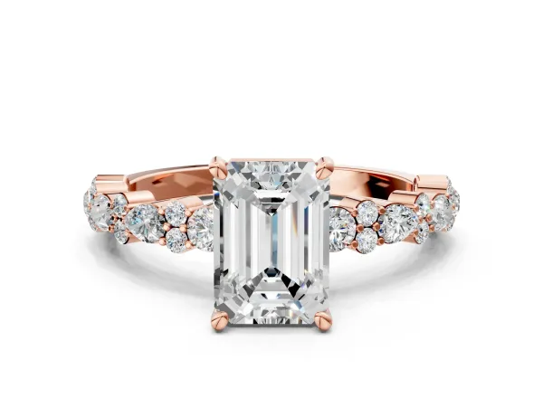 Emerald Cut Diamond Side Stone Solitaire Ring with Round Moissanite and Four-Prong Setting Rose gold