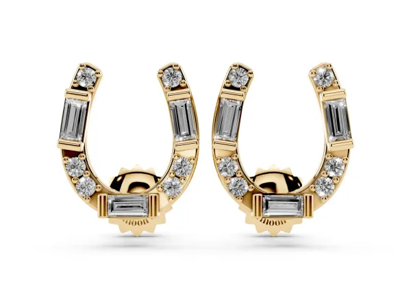 Baguette and Round Diamond Horseshoe Stud Earrings Yellow gold