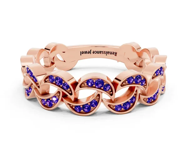 Pavé Round Tanzanite Interlocking Eternity Band with Bezel Prong Setting Rose gold