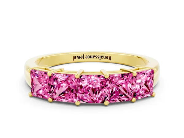 Princess Cut Five-Stone Pink Sapphire Band with Prong Setting Yellow gold