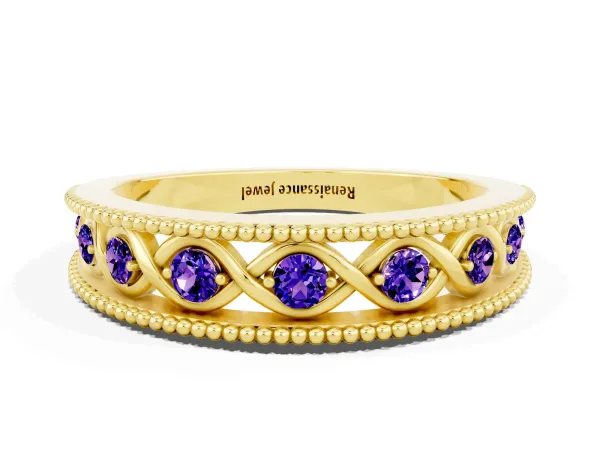 Round Tanzanite Twist Milgrain Band with Bezel Setting Yellow gold