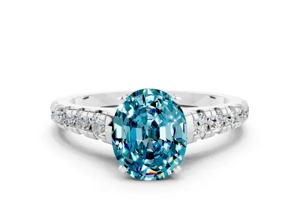 Oval Cut Blue Topaz Cathedral Solitaire Ring with Round Pavé Band White gold