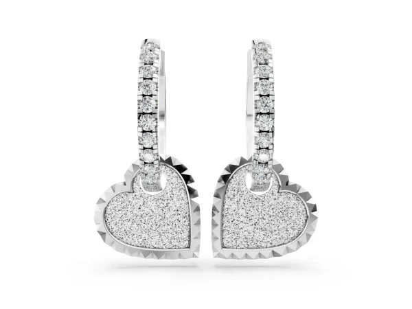 Round Diamond Heart Charm Huggie Hoop Earrings Platinum
