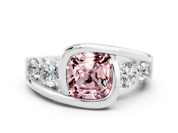 Bezel Set Cushion Cut Morganite Bypass Ring with Round Accents Platinum