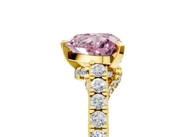 Fancy Pink Heart Cut Diamond Solitaire Ring with Crossover Gallery and Round Pavé Band Yellow gold