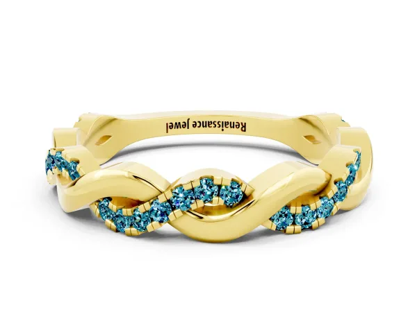 Pavé Round Blue Topaz Twist Eternity Band with Shared Prong Setting Yellow gold