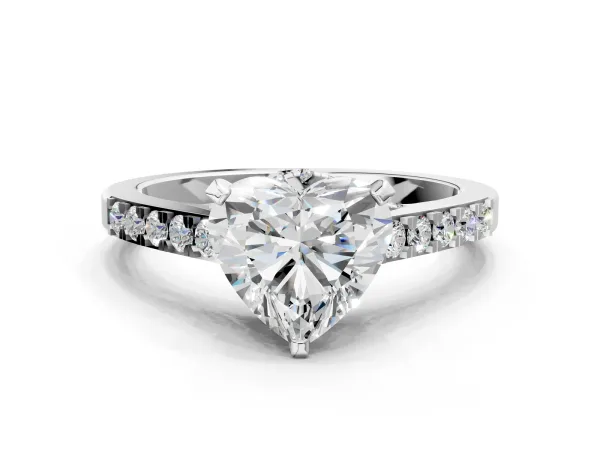 Heart Cut Diamond Solitaire Ring with Crossover Gallery and Round Pavé Band Silver