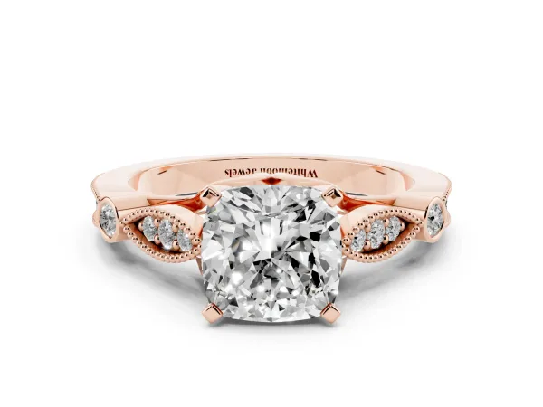 Cushion Cut Cut Diamond with Milgrain Marquise and Bezel Accents on a Solitaire Band with Prong Setting Rose gold