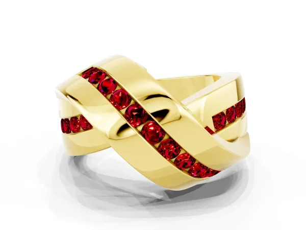 Pavé Round Ruby Crossover Band with Channel Setting Yellow gold