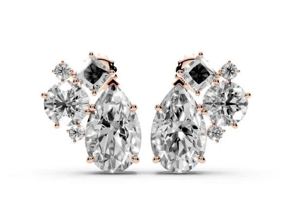 Multi-Shape Diamond Mosaic Five Stone Stud Earrings Rose gold