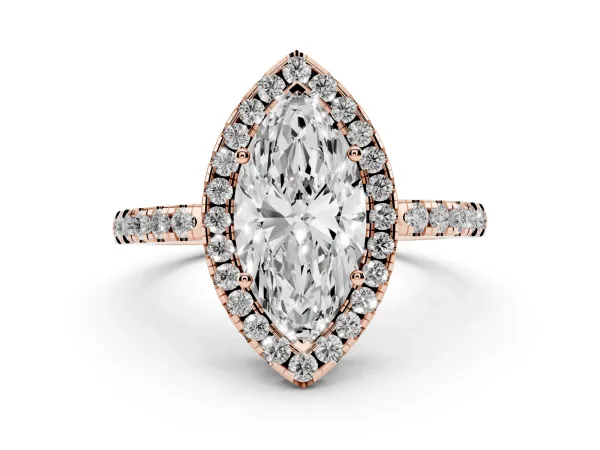 Marquise Cut Halo Diamond Engagement Ring with Pavé Band and Four-Prong Setting Rose gold