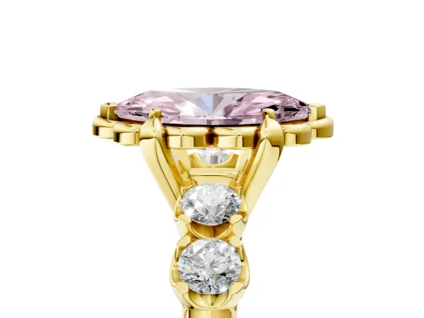 Fancy Pink Marquise Cut Cut Diamond Floral Halo Engagement Ring with Shared Prong Setting Yellow gold