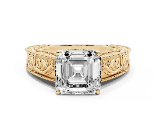 Asscher Cut Diamond Solitaire Ring with Engraved Band and Four-Prong Setting Yellow gold