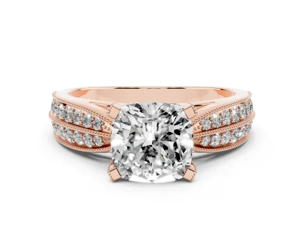 Cushion Cut Diamond Solitaire Ring with Milgrain Round Pavé Band and Prong Setting Rose gold