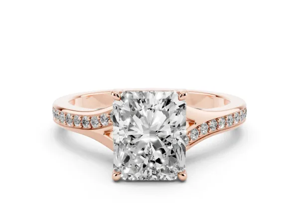 Radiant Cut Diamond Solitaire Ring with Pavé Band and Prong Setting Rose gold