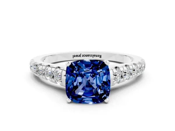 Cushion Cut Blue Sapphire Cathedral Solitaire Ring with Round Pavé Band Platinum