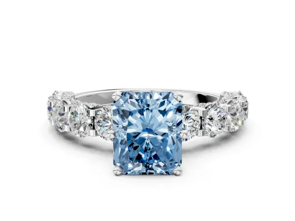 Fancy Blue Radiant Cut Diamond Side Stone Engagement Ring with Four-Prong Setting Platinum