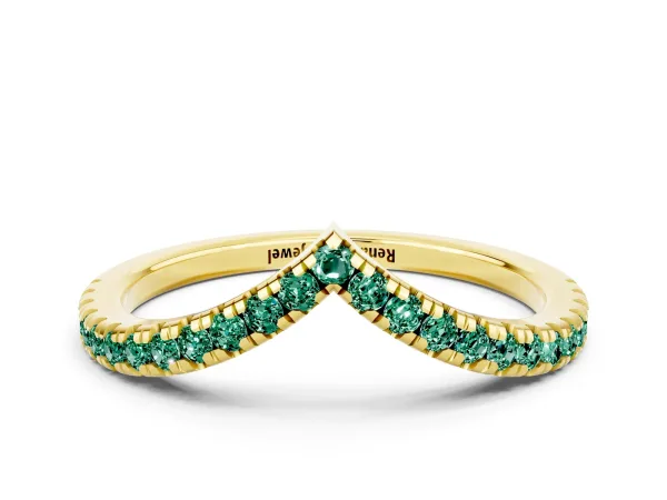 Pavé Round Green Sapphire V-Shaped Chevron Band with Shared Prong Setting Yellow gold