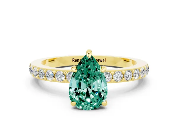 Pear Cut Green Sapphire Solitaire Engagement Ring with Pavé Band and Four-Prong Setting Yellow gold